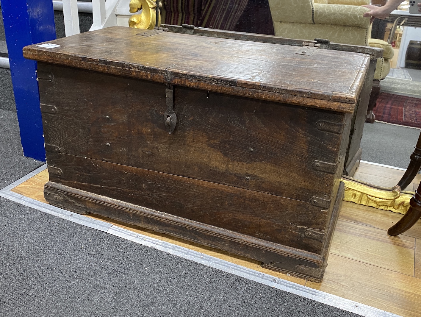 A hardwood metal bound trunk, width 72cm, depth 38cm, height 41cm